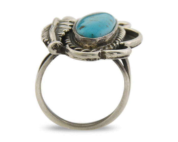 Navajo Ring 925 Sterling Natural Blue Turquoise Native Artist C.80's Size 4.5