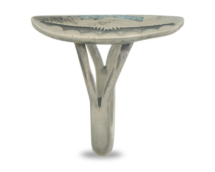 Navajo Ring 925 Sterling Natural Chip Inlay Blue Turquoise C.80's Size 6.0