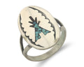 Navajo Ring 925 Sterling Natural Chip Inlay Coral & Turquoise C.80's Size 5.0