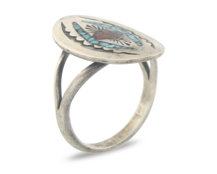 Navajo Ring 925 Sterling Natural Chip Inlay Coral & Turquoise C.80's Size 6.0