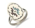 Navajo Ring 925 Sterling Natural Chip Inlay Coral & Turquoise C.80's Size 7.5