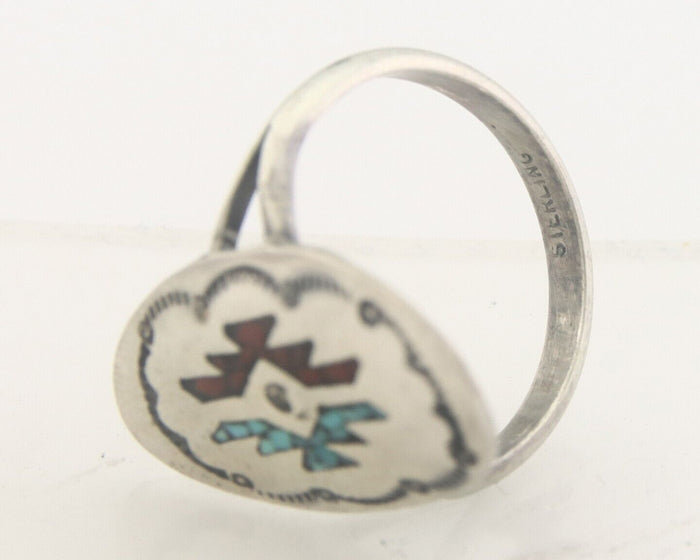 Navajo Ring 925 Sterling Natural Chip Inlay Coral & Turquoise C.80's Size 7.5