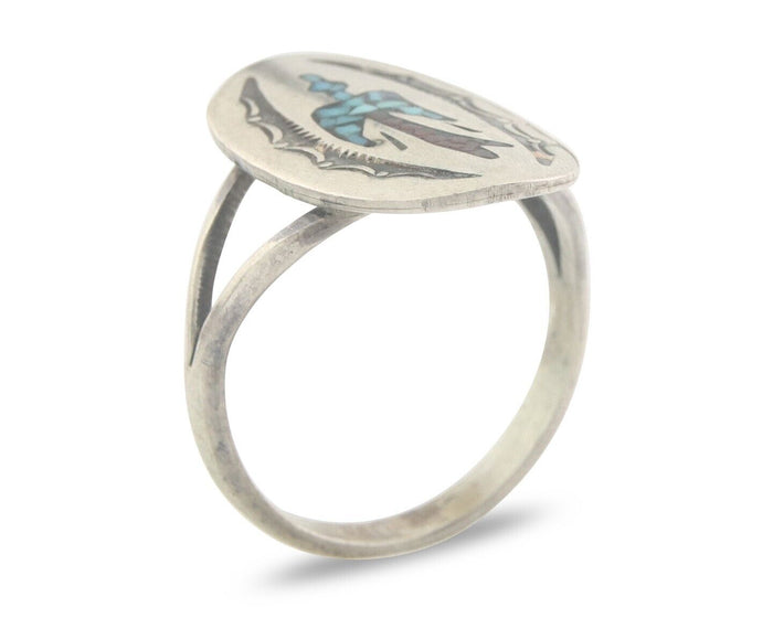 Navajo Ring 925 Sterling Natural Chip Inlay Coral & Turquoise C.80's Size 8.0