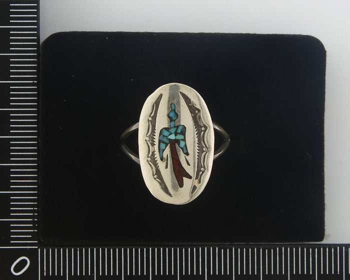 Navajo Ring 925 Sterling Natural Chip Inlay Coral & Turquoise C.80's Size 8.0