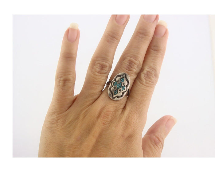Navajo Ring 925 Sterling Natural Chip Inlay Turquoise C.80's Size 5.25
