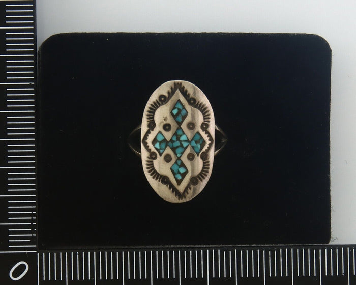 Navajo Ring 925 Sterling Natural Chip Inlay Turquoise C.80's Size 5.25