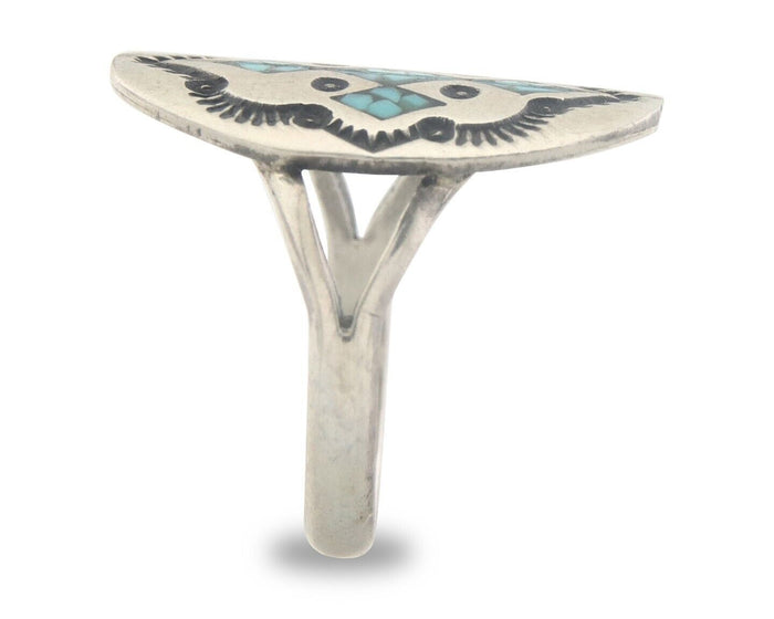 Navajo Ring 925 Sterling Natural Chip Inlay Turquoise C.80's Size 5.75