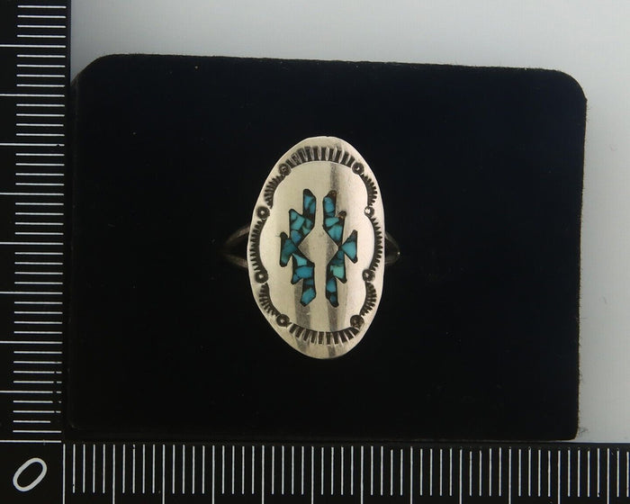 Navajo Ring 925 Sterling Natural Chip Inlay Turquoise C.80's Size 5.75
