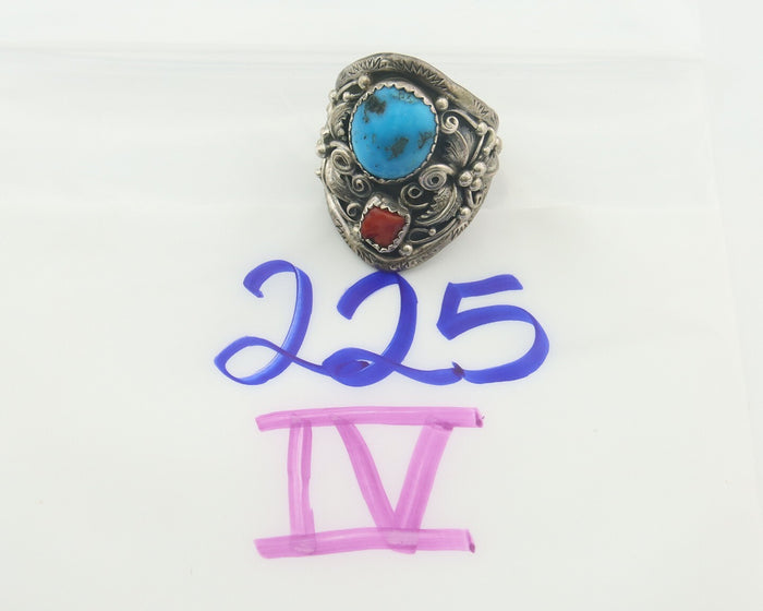 Navajo Ring 925 Sterling Natural Coral & Turquoise Native Artist C.80's Size 9.0