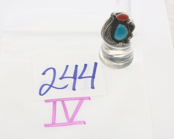 Navajo Ring 925 Sterling Natural Coral & Turquoise Native Artist C.80's Sz 6.0