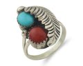 Navajo Ring 925 Sterling Natural Coral & Turquoise Signed BB C.80's Size 5.0