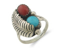 Navajo Ring 925 Sterling Natural Coral & Turquoise Signed BB C.80's Size 5.75