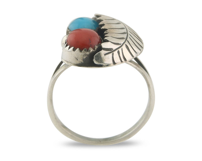 Navajo Ring 925 Sterling Natural Coral & Turquoise Signed BB C.80's Size 6.0