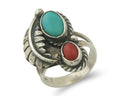 Navajo Ring 925 Sterling Natural Coral & Turquoise Signed EH C.80's Size 6.0
