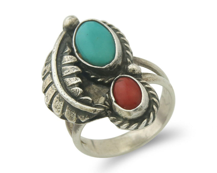 Navajo Ring 925 Sterling Natural Coral & Turquoise Signed EH C.80's Size 6.0