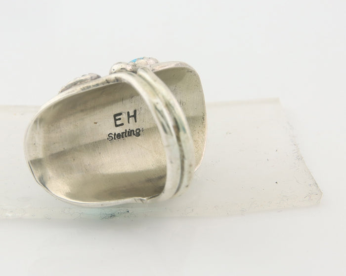 Navajo Ring 925 Sterling Natural Coral & Turquoise Signed EH C.80's Size 6.25