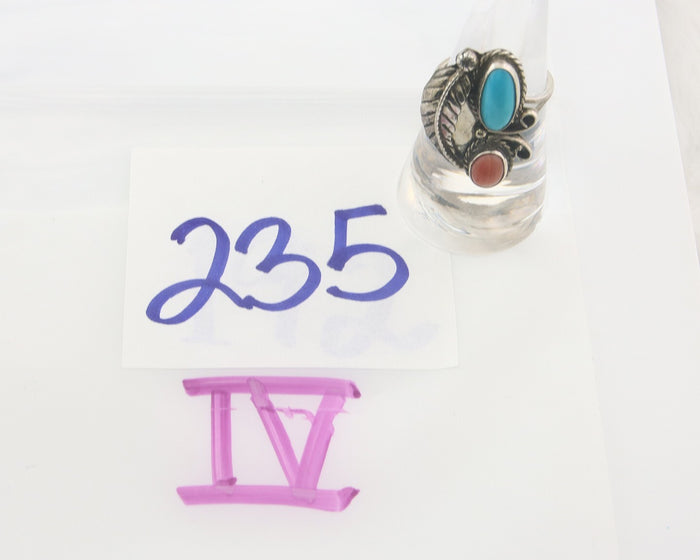 Navajo Ring 925 Sterling Natural Coral & Turquoise Signed EH C.80's Size 7.25