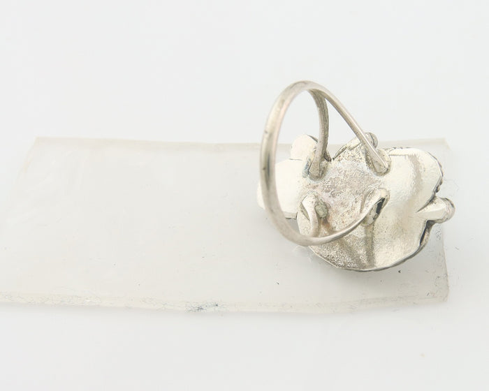 Navajo Ring 925 Sterling Natural Coral & Turquoise Signed EH C.80's Size 7.5