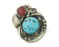 Navajo Ring 925 Sterling Natural Coral & Turquoise Signed JM C.80's Size 9.0