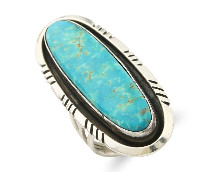 Navajo Ring 925 Sterling Natural Mined Turquoise Signed USA C.80's Size 7.5