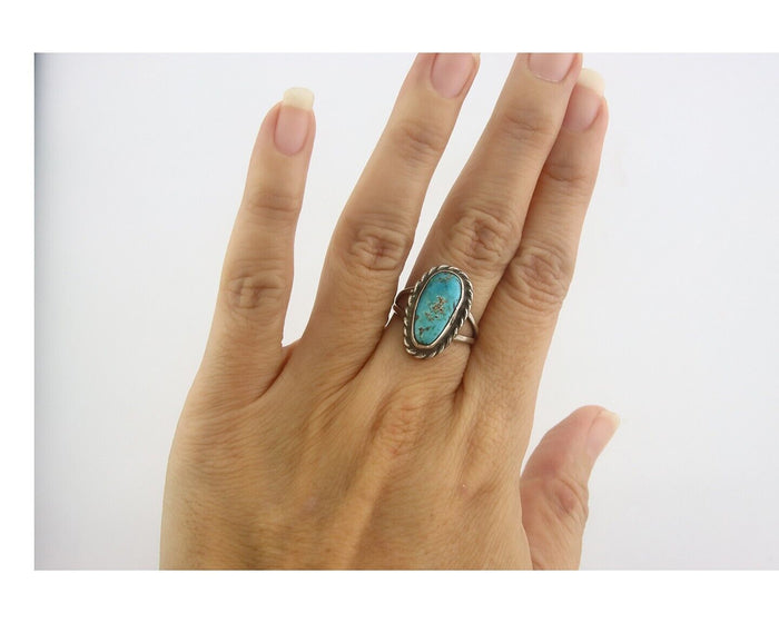 Navajo Ring 925 Sterling Natural Turquoise Native Artist C.80's Size 6.0