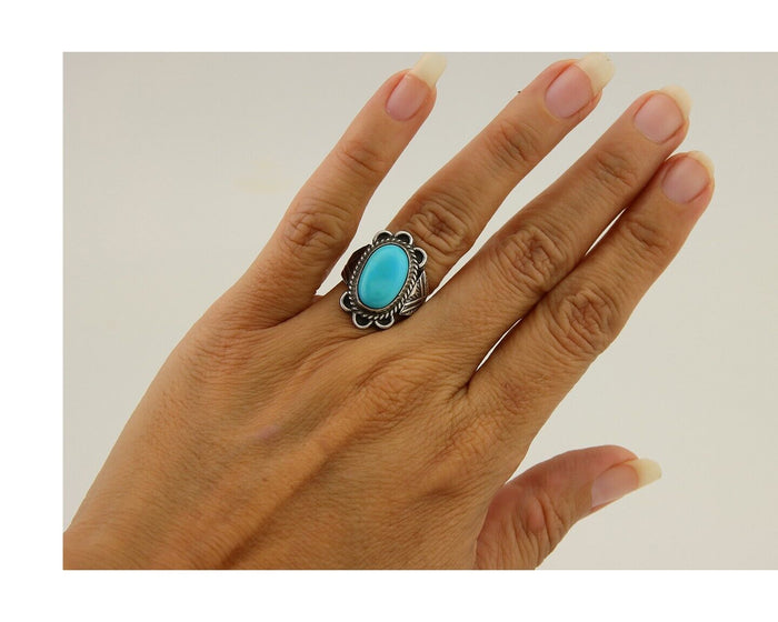 Navajo Ring 925 Sterling Silver Natural Turquoise Native American Artist C.80's