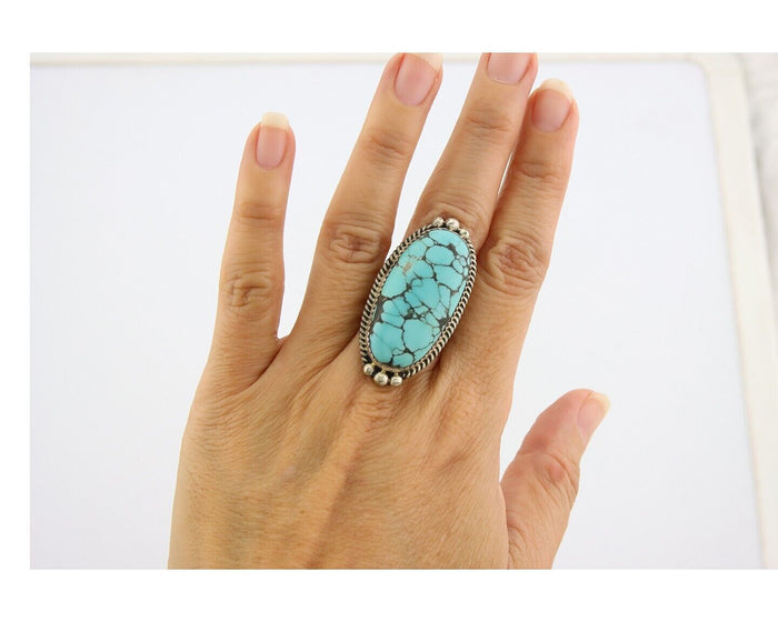 Navajo Ring 925 Sterling Spiderweb Blue Turquoise Native Artist C.80's Size 7.0