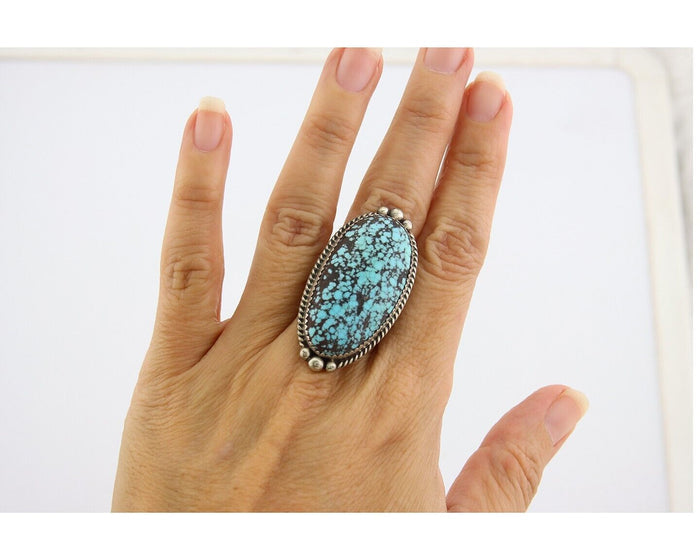 Navajo Ring 925 Sterling Spiderweb Blue Turquoise Native Artist C.80's Size 9.5