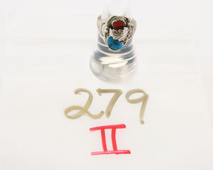 Navajo Ring 925 Sterling Turquoise & Coral Native Artist C.80's Size 6.75