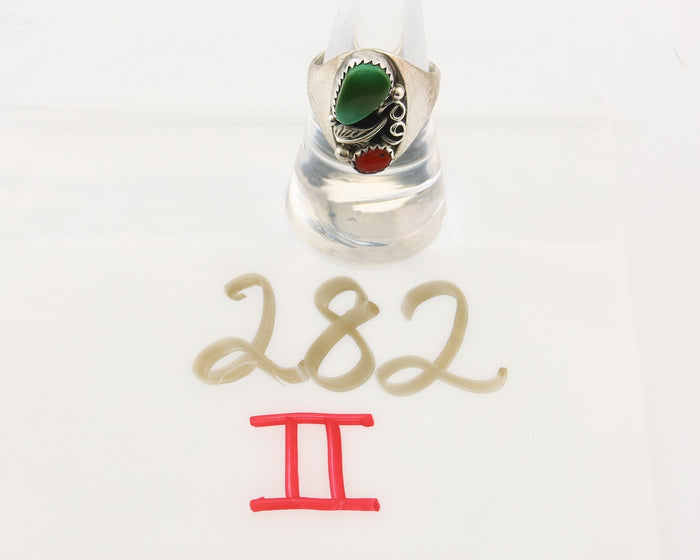 Navajo Ring 925 Sterling Turquoise & Coral Native Artist C.80's Size 7.75