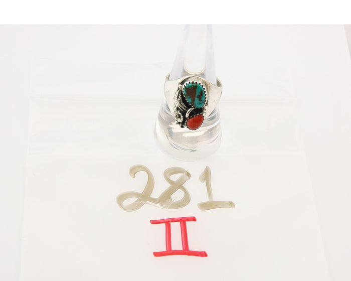 Navajo Ring 925 Sterling Turquoise & Coral Native Artist C.80's Size 8.75