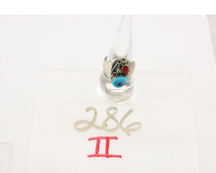Navajo Ring 925 Sterling Turquoise & Coral Native Artist C.80's Size 9.0