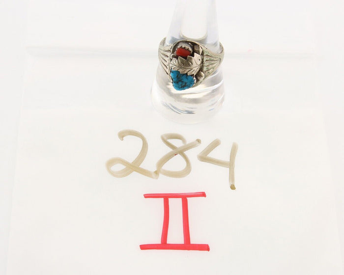 Navajo Ring 925 Sterling Turquoise & Coral Native Artist C.80's Size 9.25