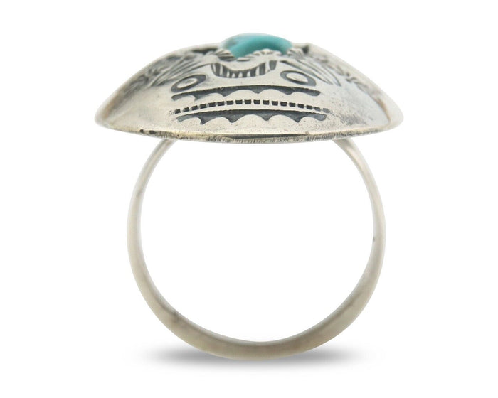 Navajo Ring 925 Sterling Turquoise Hand Stamped Signed J Martinez C.80's Sz 7.5