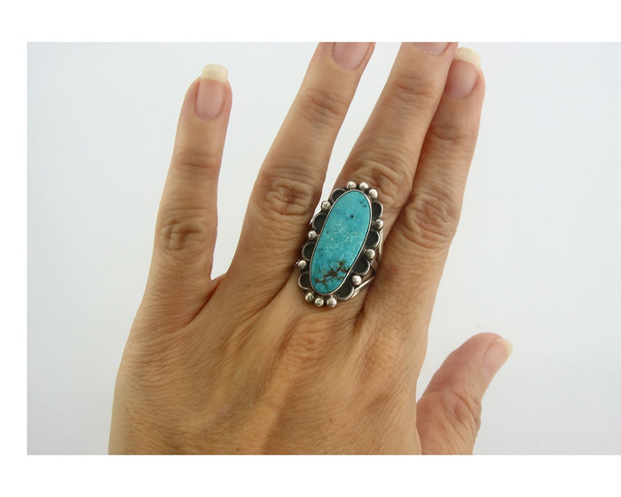 Navajo Ring 925 Sterling Turquoise Handmade Native Artist C.80's Size 7.0