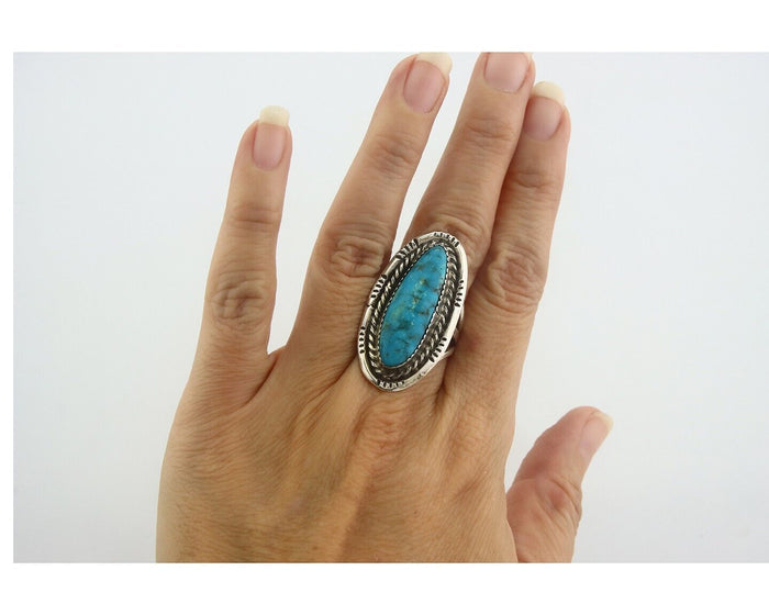 Navajo Ring 925 Sterling Turquoise Handmade Signed Jack Tom C.80's Size 7.0