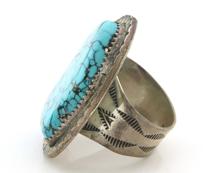 Navajo Ring Sterling Silver Blue Turquoise Signed Abeyta Size 8.25