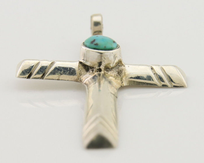 Navajo Sand Cast Cross Pendant 925 Silver Turquoise Artist Signed J Yazzie C.80s
