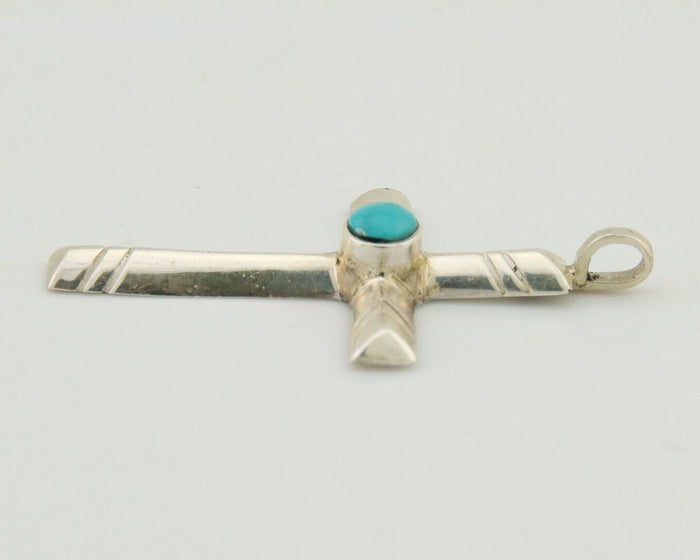 Navajo Sand Cast Cross Pendant 925 Silver Turquoise Artist Signed J Yazzie C.80s