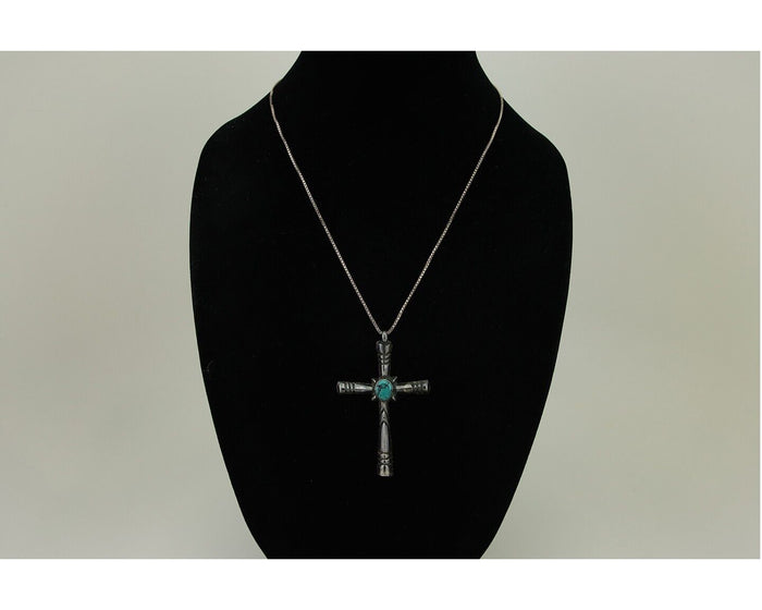 Navajo Sand Cast Cross Pendant 925 Silver Turquoise Native Artist C.80s