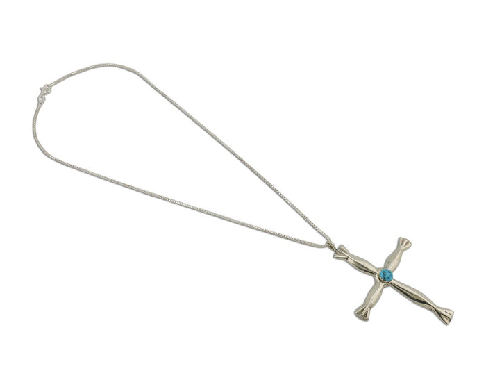 Navajo Sandcast Cross Necklace 925 Silver Turquoise Native Artist C.80's