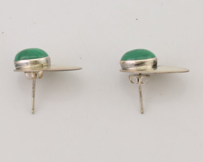 Navajo Shield Earrings 925 Silver Natural Malachite Signed Ella Peters C.80's