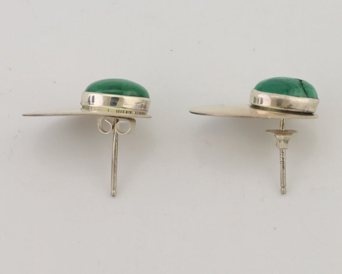 Navajo Shield Earrings 925 Silver Natural Malachite Signed Ella Peters C.80's