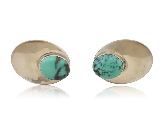 Navajo Shield Earrings 925 Silver Natural Turquoise Signed Ella Peters C.80's