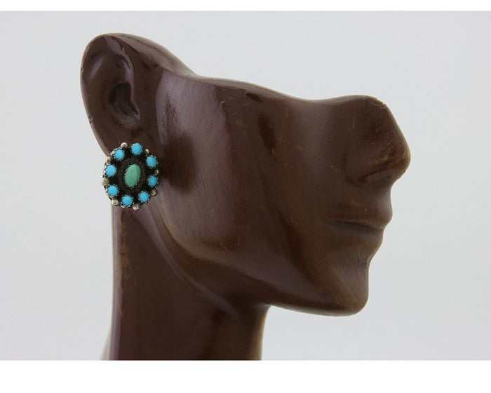 Navajo Shield Earrings 925 Silver Natural Turquoise Signed Nathaniel Curley C80s