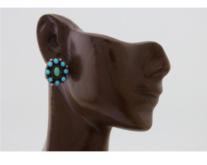 Navajo Shield Earrings 925 Silver Natural Turquoise Signed Nathaniel Curley C80s
