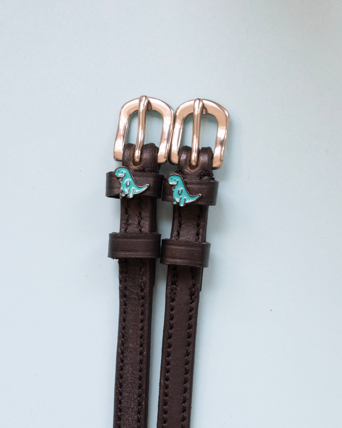 Brown leather Nice Dino spur straps with rose-gold buckles on a pale blue background