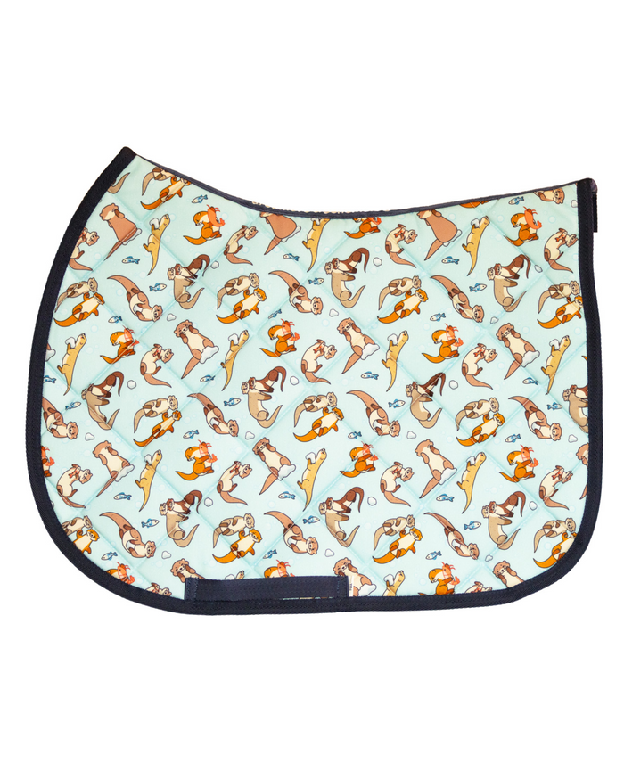 Otter-ly Adorable patterned saddle pad, full top view of the print and contrast binding, by Dreamers & Schemers