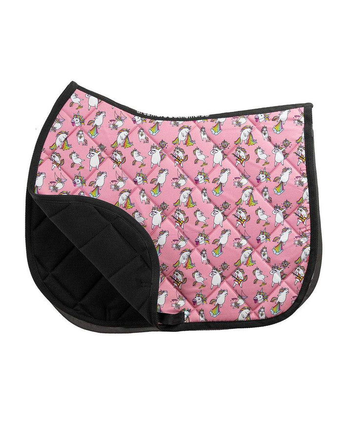 Party Too Hardycorn all-purpose saddle pad featuring unicorn party print, alternate angle, by Dreamers & Schemers