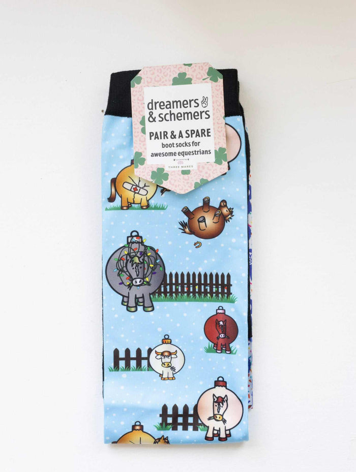 Pasture Ornaments Pair & a Spare equestrian boot socks in their header card, by Dreamers & Schemers